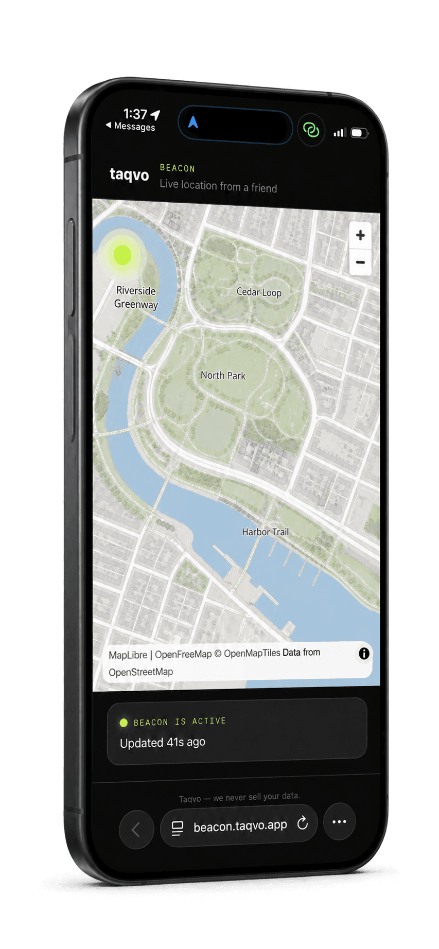 A recipient's browser showing a live Beacon map