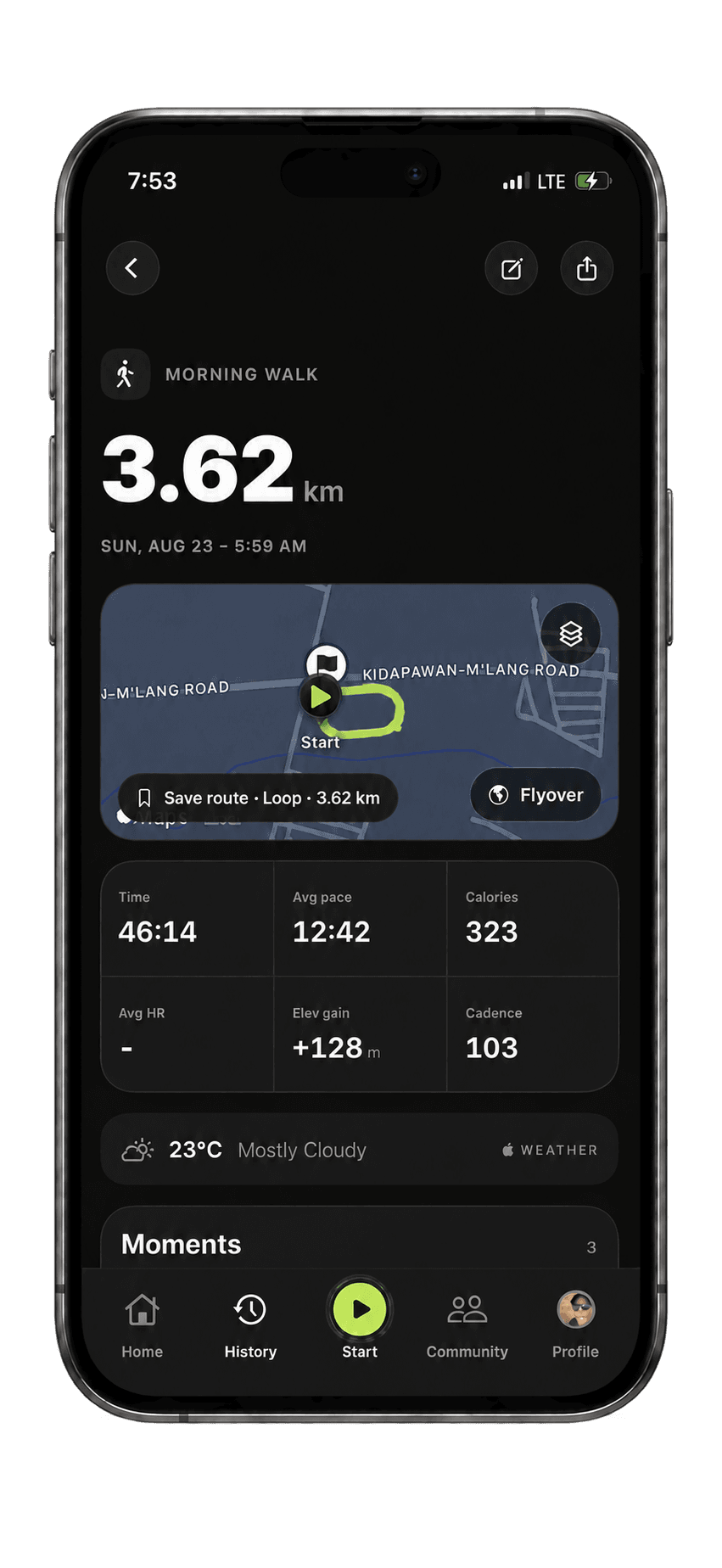 Workout recap: 3.62 km morning walk with map